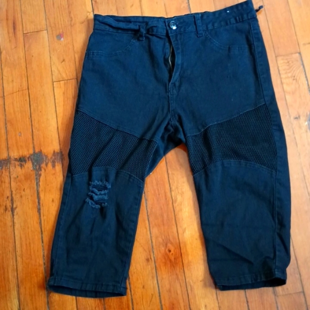 American quality denim brand black distressed above knee shorts